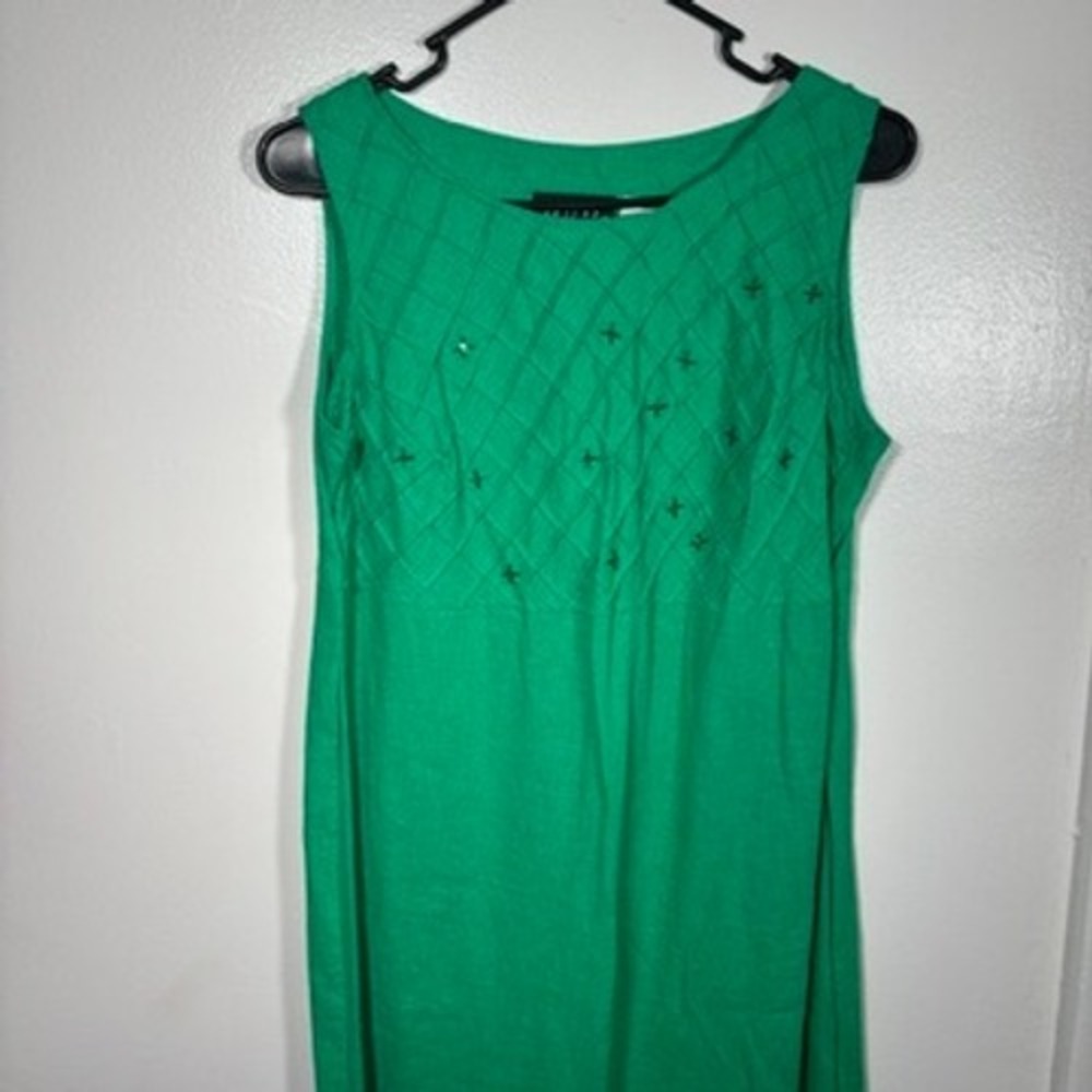 Vintage 60s Style Linen Blend Maxi Dress 10 Green Beaded Lattice‎ Empire Waist
